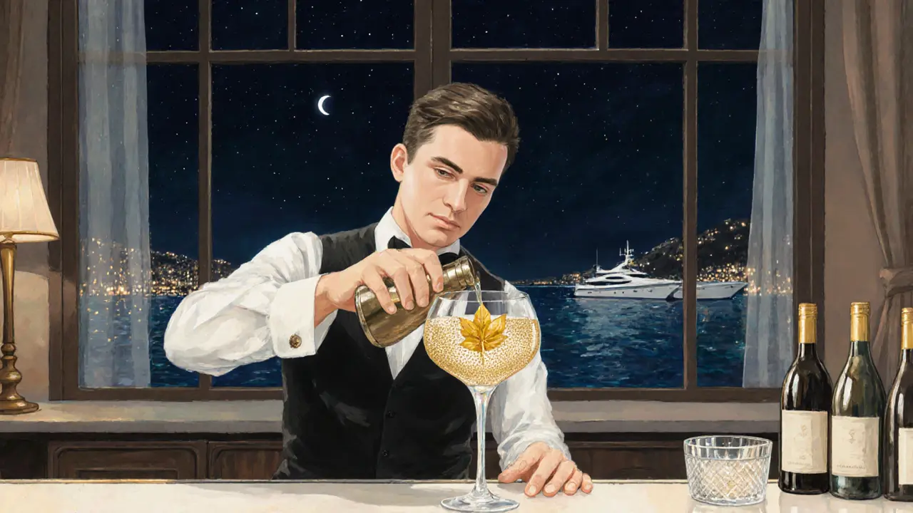 A bartender pouring a golden champagne cocktail with an edible gold leaf in a luxury hotel bar.