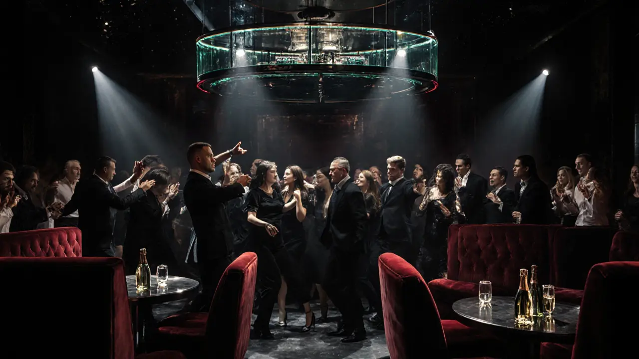 A crowded nightclub with a suspended DJ booth and elegantly dressed guests under dramatic lights.