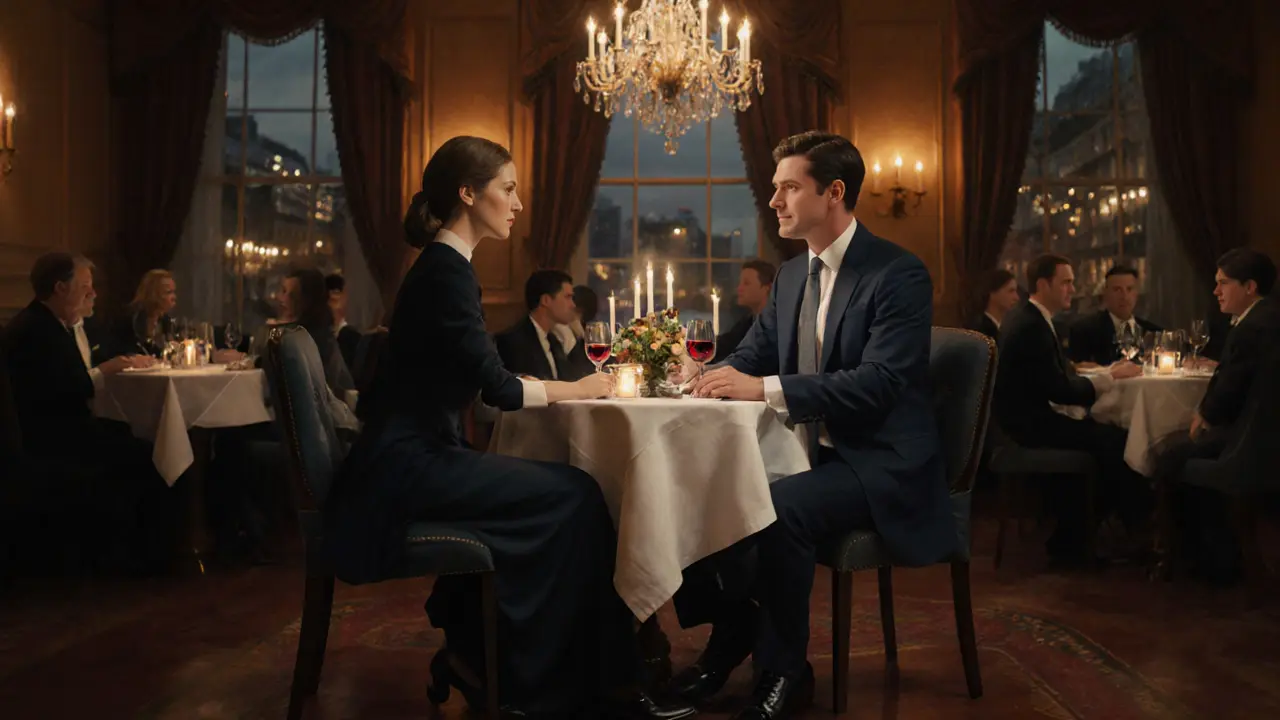 A gentleman in a tailored suit dines with an escort at an upscale restaurant, candlelight highlighting their respectful conversation.