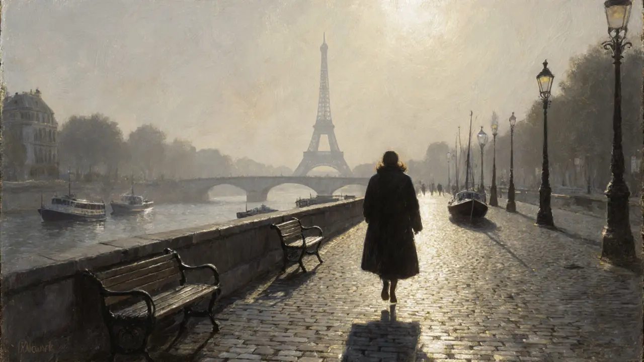A lone woman walking along the Seine at dawn, shadow stretching on wet cobblestones.