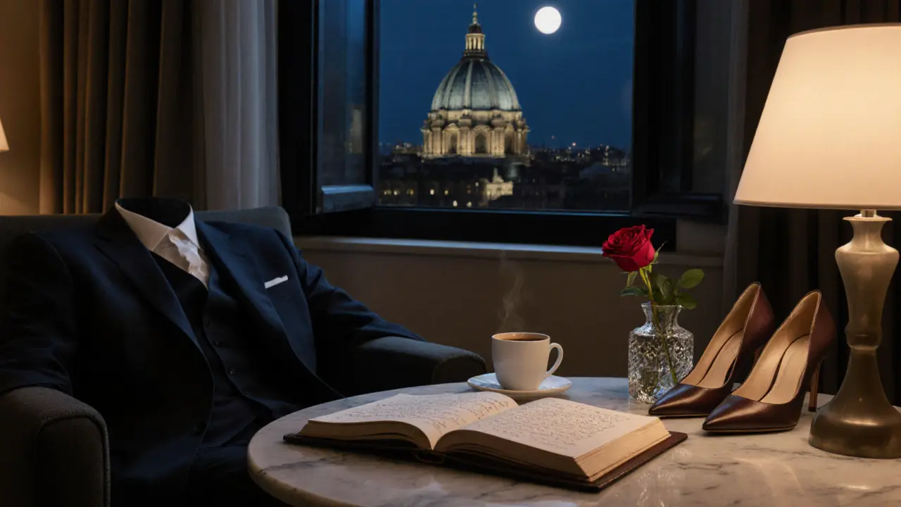 A luxurious Milan hotel suite at night, empty but for an espresso cup, notebook, and rose—evidence of a discreet, thoughtful encounter.
