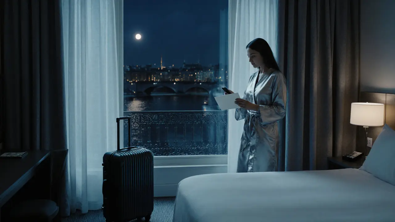 A woman in a hotel room holding cash, gazing out at the Seine at night.