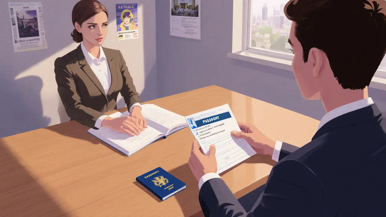 An escort and agency staff reviewing identification documents in a bright office.