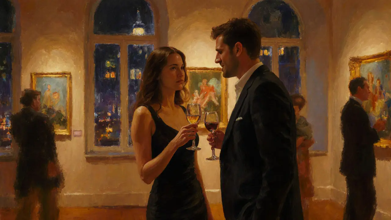 An escort and client attending an upscale art gallery event in Berlin.