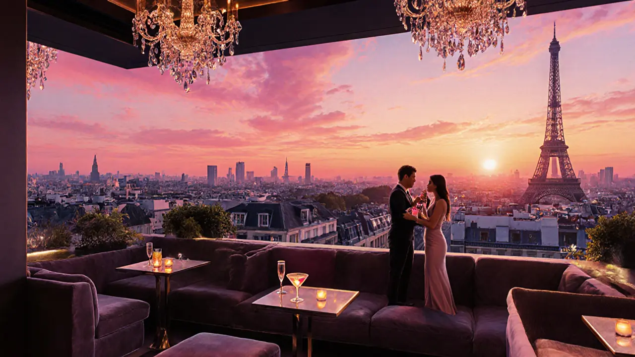 Bar 8 rooftop at sunset with Eiffel Tower view, chic guests, and a Lotus Martini.