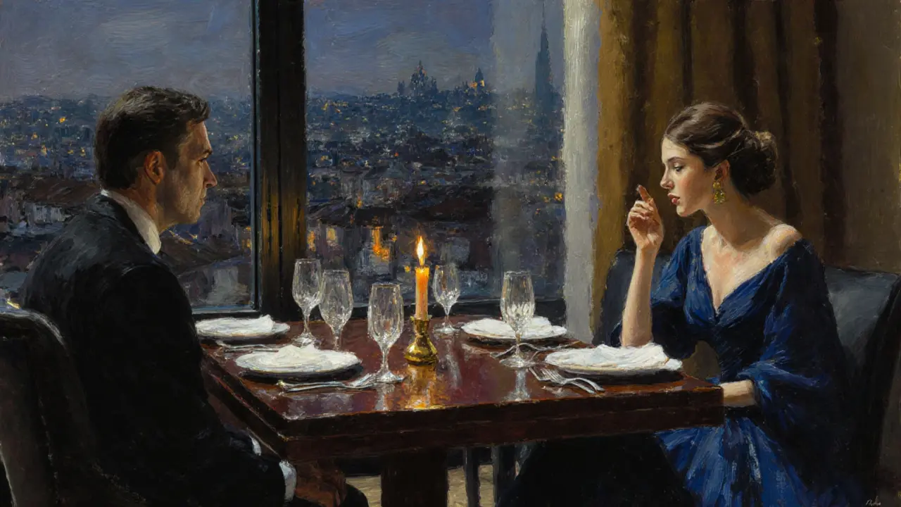 Candlelit upscale dinner with a sophisticated companion in a luxury hotel.
