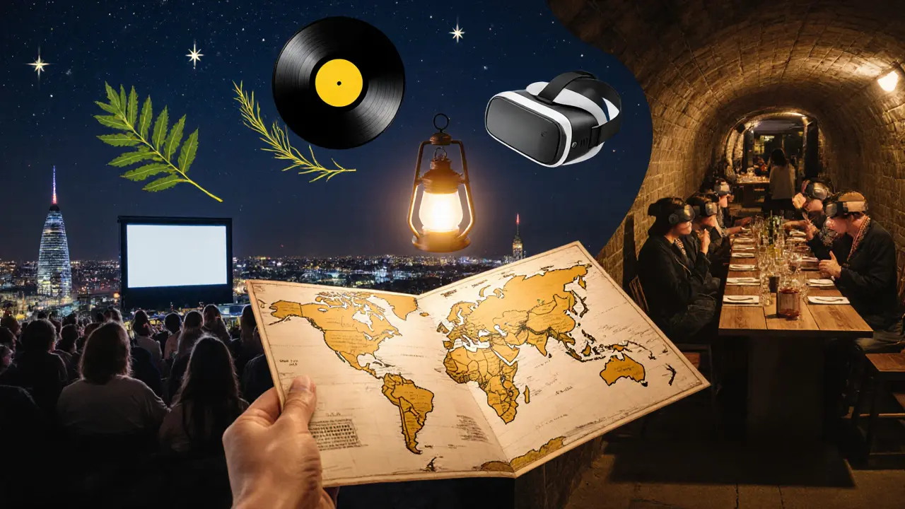 Collage of rooftop cinema, silent disco, and secret supper club representing a night itinerary.