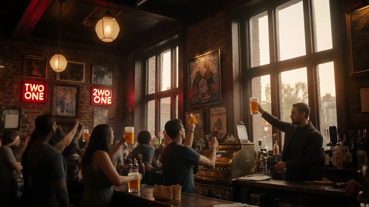 Crowded interior of The World's End pub in Camden with warm lighting and patrons holding pints.