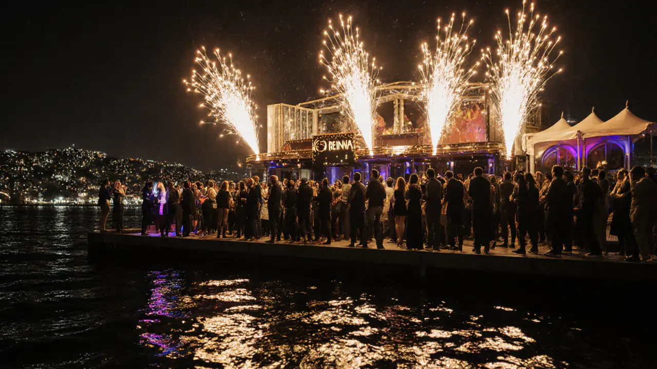 Crowded Reina club terrace on the Bosphorus with neon lights, dancers, and a long entry line at night.