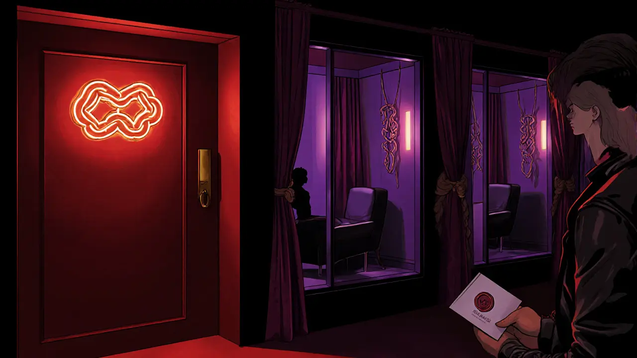 Dimly lit underground lounge’s red door and interior, featuring leather décor and a hidden invitation.