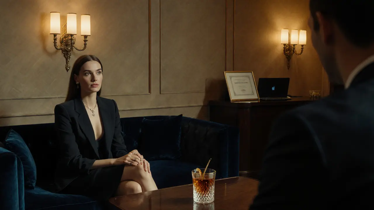 Elegant boutique agency lounge with a well‑dressed escort and client sharing a cocktail in warm lighting.