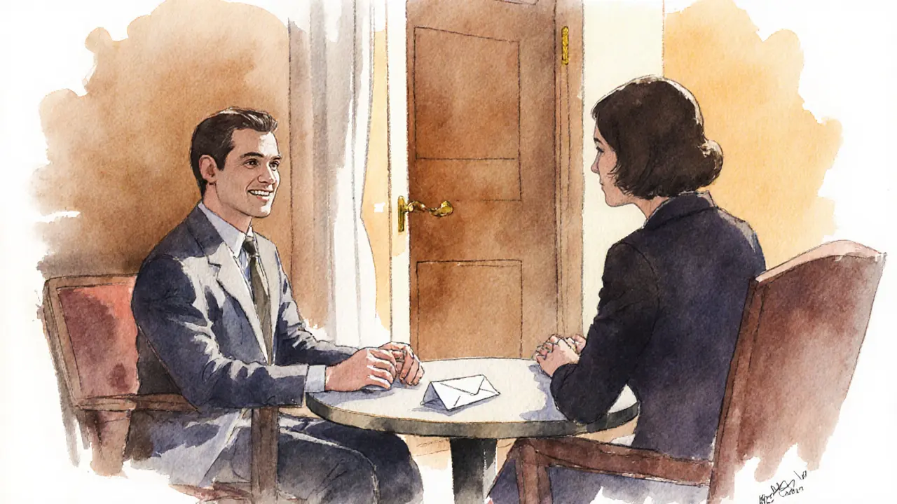 Elegant lounge scene showing polite meeting with tip envelope and discreet atmosphere.