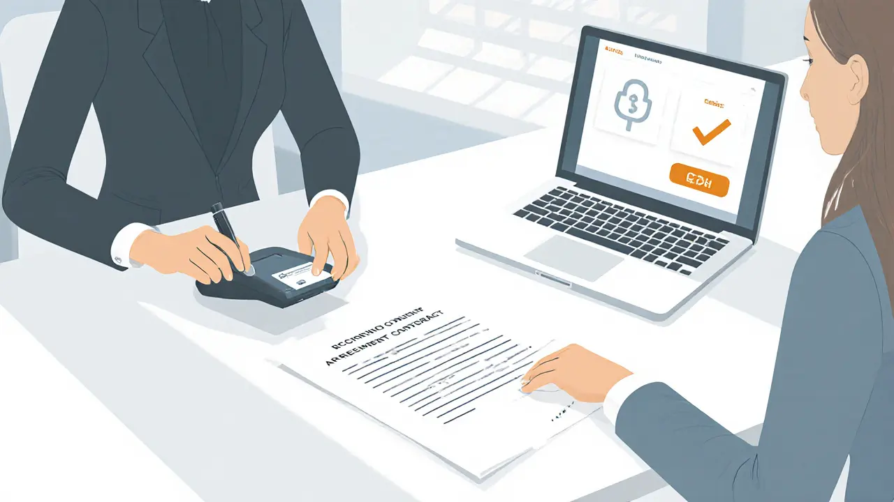 Escort and agency representative signing a contract with ID verification and secure payment screen.