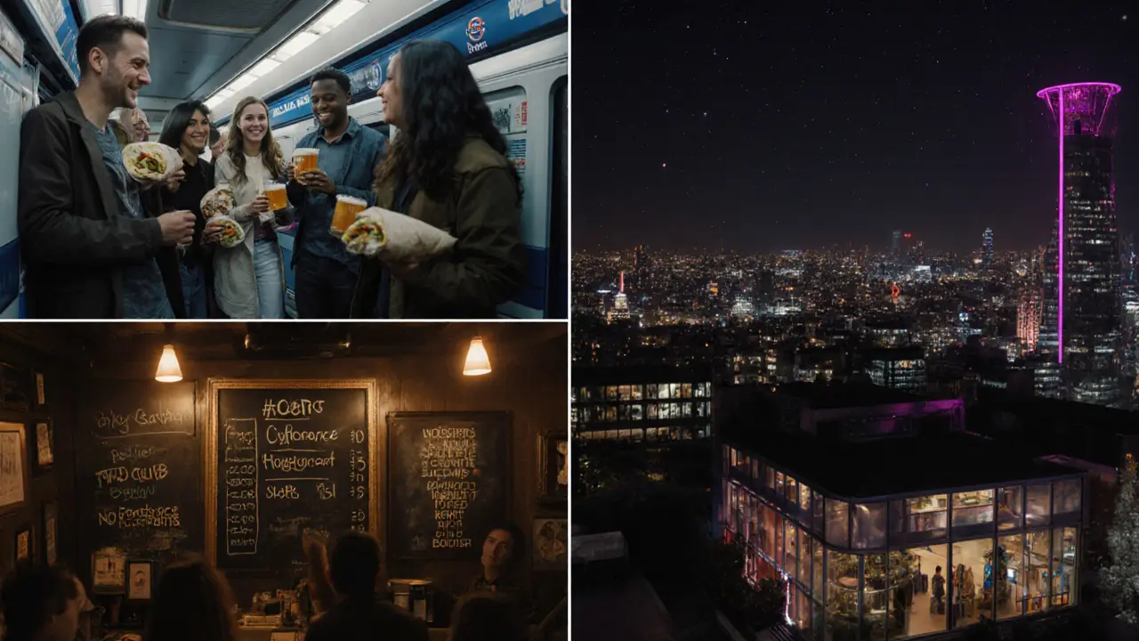 Friends on a night out: Tube ride, pub quiz, and rooftop view in London.