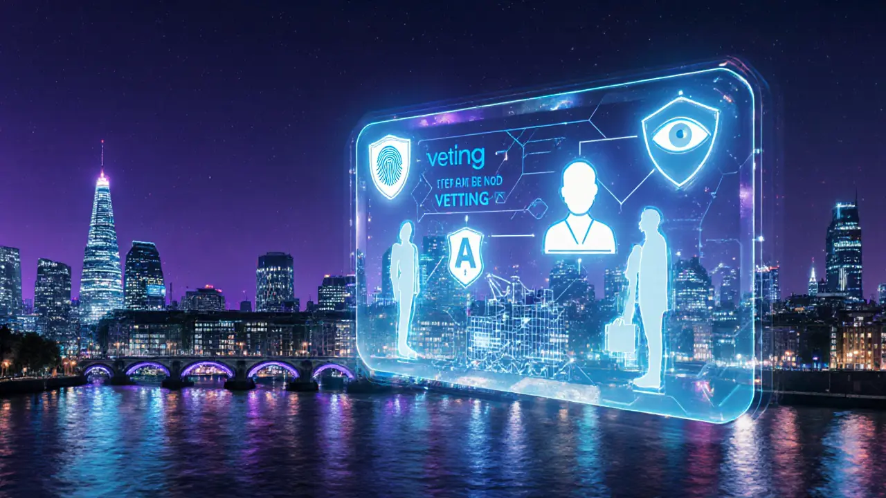 Futuristic holographic interface with AI vetting symbols and London skyline representing future safety trends.