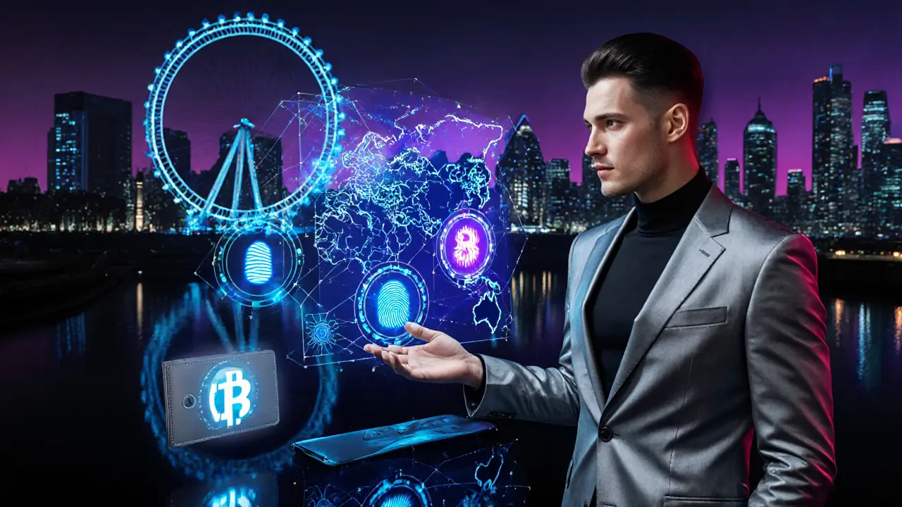 Futuristic holographic London map with AI, biometric, and crypto icons beside a stylish escort.