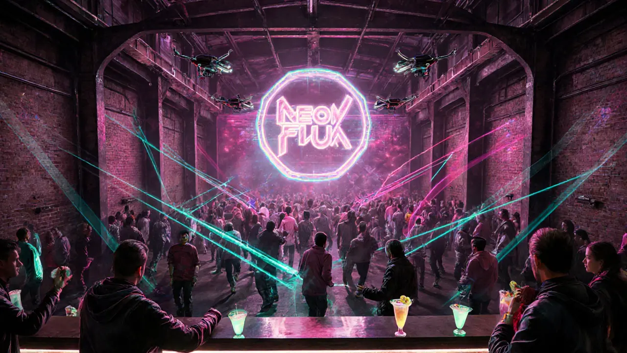 Futuristic pop‑up club scene with neon lights, dancing crowd, and holographic décor.