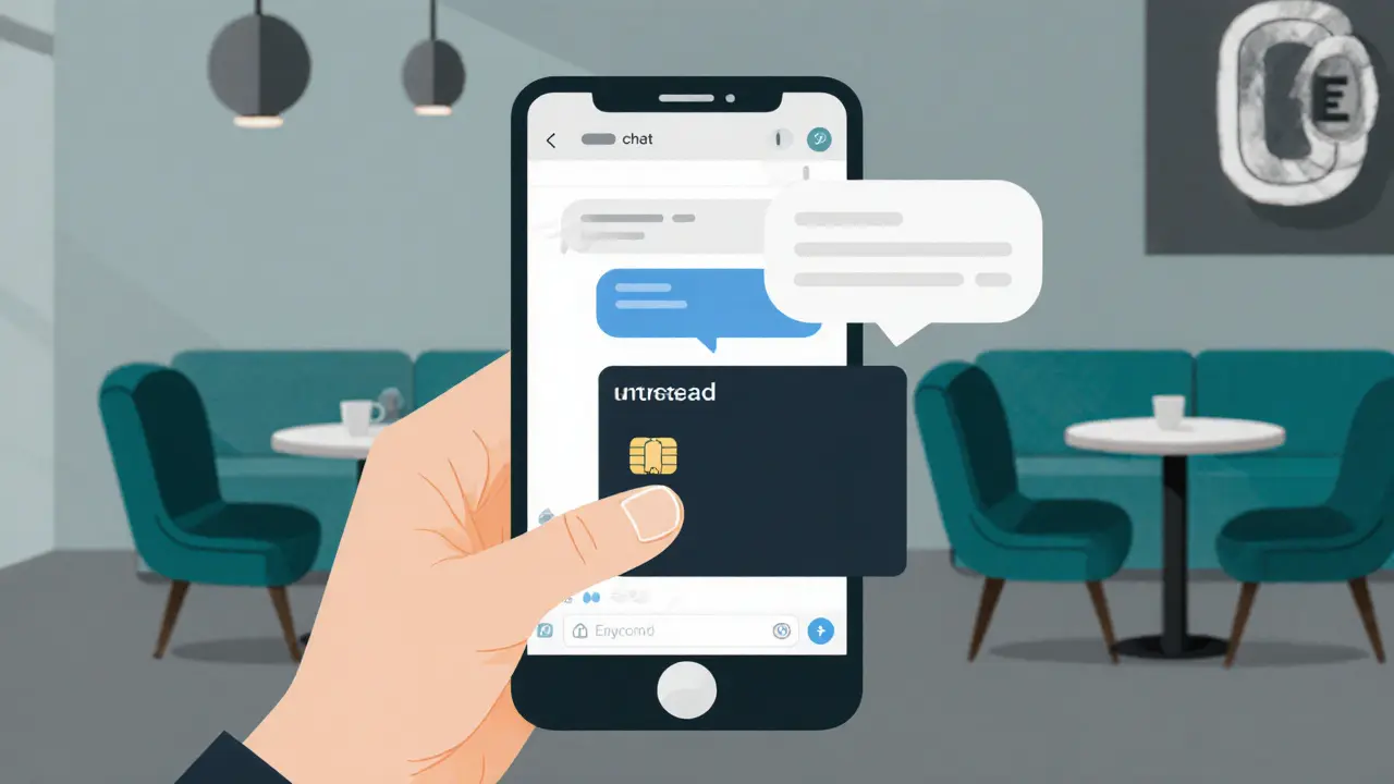 Hand holding prepaid card and phone with encrypted messaging app in a café.