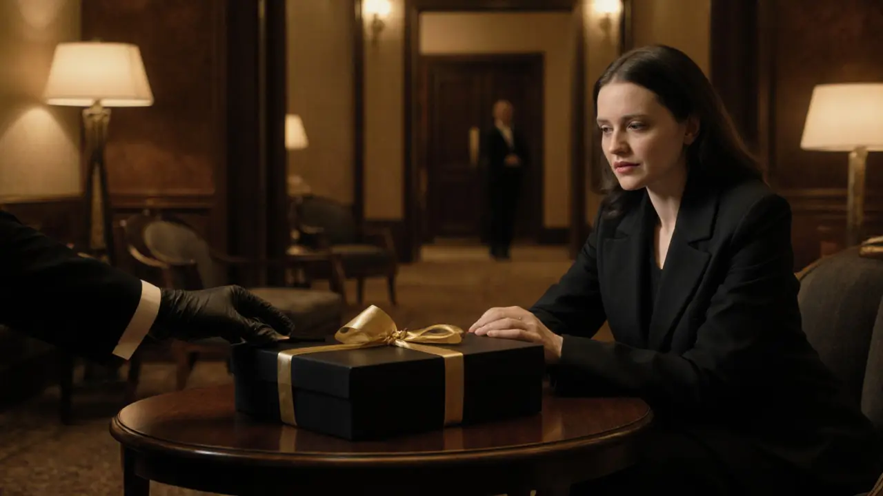 Hands exchanging a black gift box with gold ribbon in an elegant lounge.