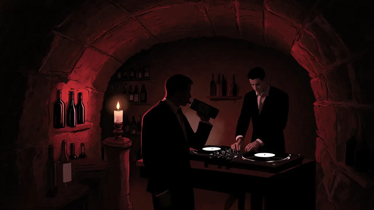 Hidden wine cellar La Cave du Roy at night, with a lone figure sipping fine wine as a DJ plays vinyl in shadows.