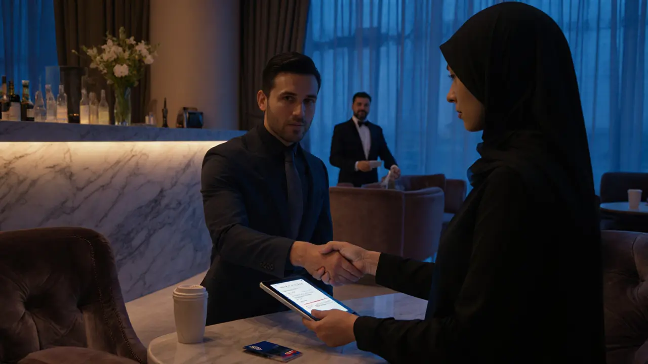 Hotel lounge interior showing a polite handshake between a client and a verified escort over coffee.
