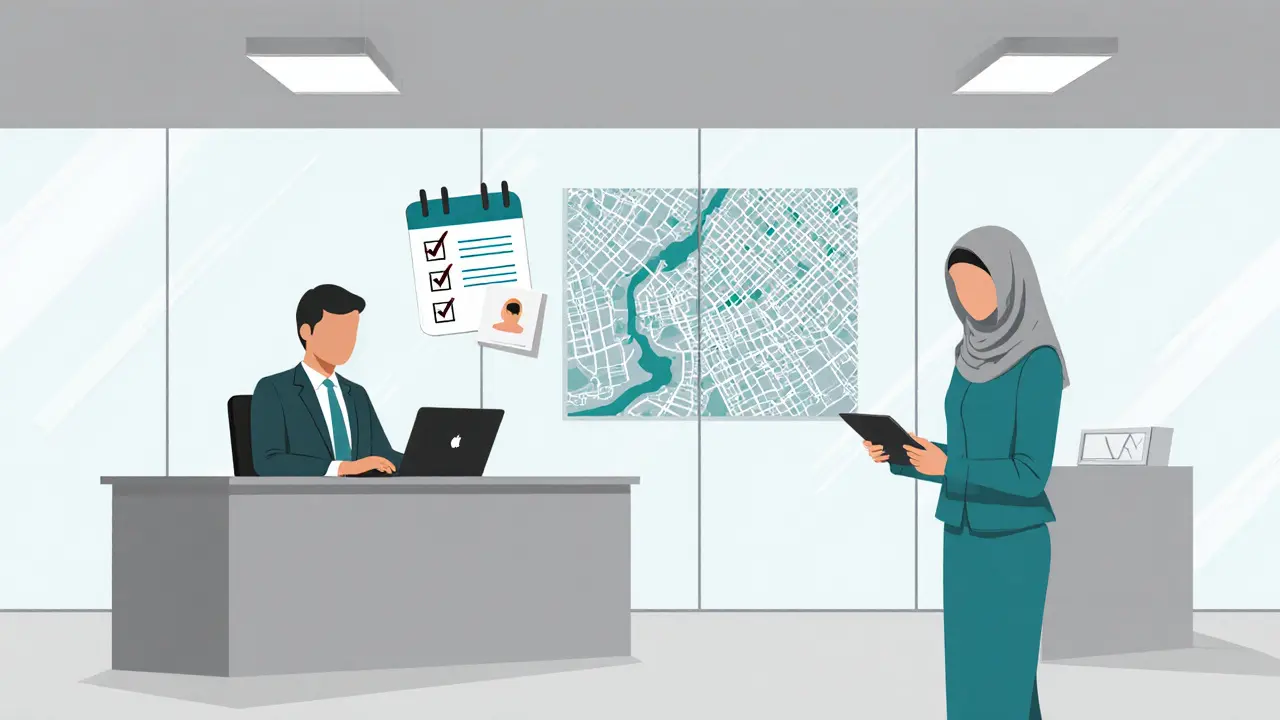 Illustrated escort agency office with a client signing a digital agreement and a modern workspace.