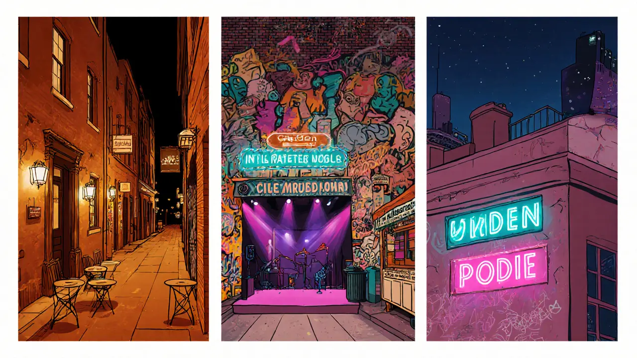 Illustrated map showing Soho, Camden, and Shoreditch nightlife scenes.