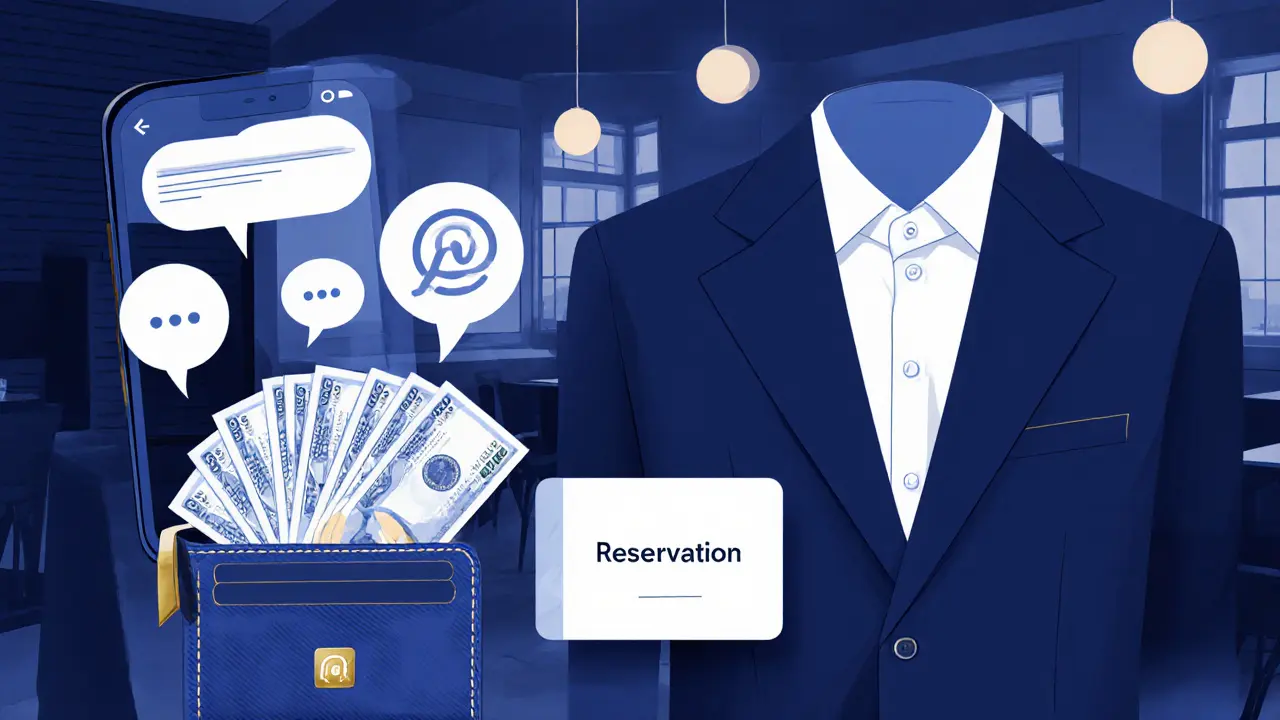 Illustration showing a phone with encrypted messages, cash, a Careem app, and dress items on a table.