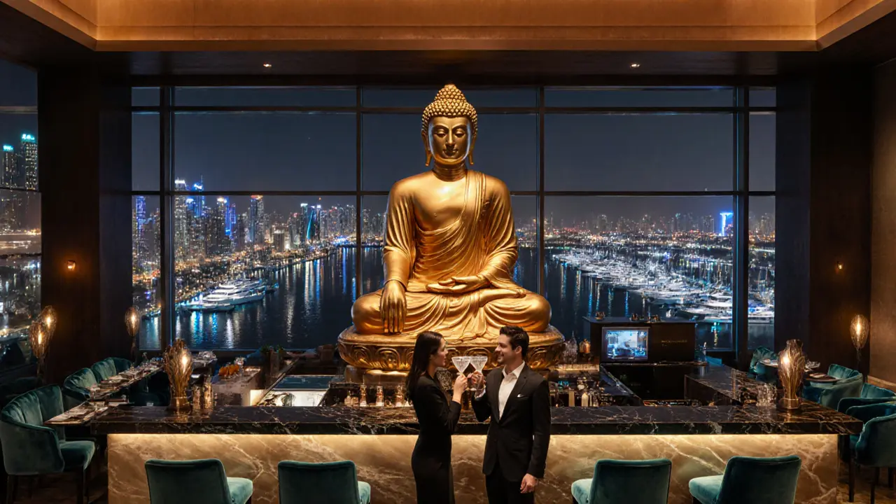 Inside Buddha‑Bar with Buddha statue, panoramic marina view, and guests enjoying cocktails.