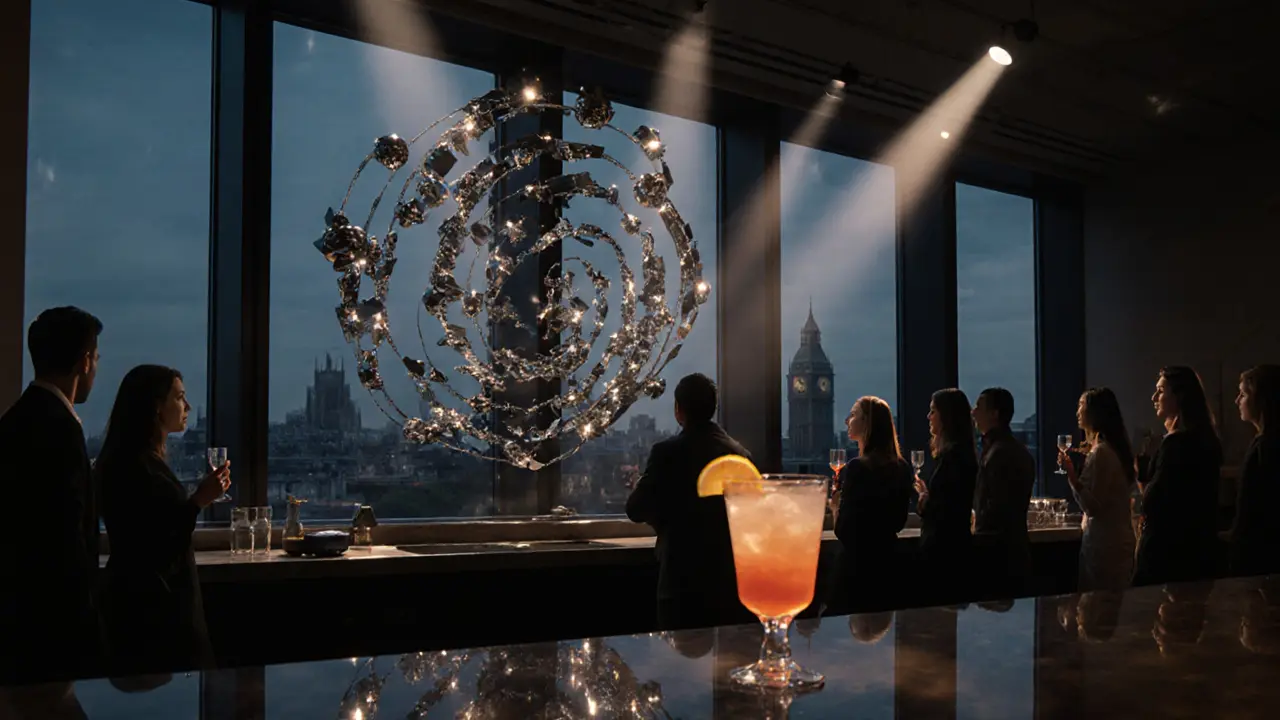 Inside Saatchi Gallery After‑Hours, guests admire a striking installation and art cocktail.