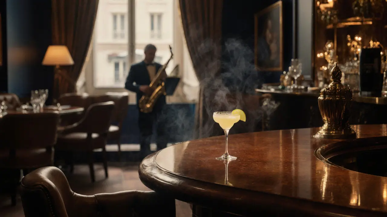 Interior of Bar Hemingway with mahogany bar, leather chairs, and classic cocktail glass.