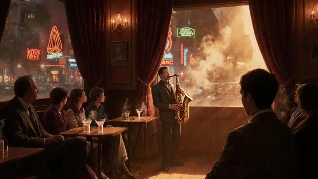 Intimate jazz bar interior with a saxophonist performing to an attentive crowd.