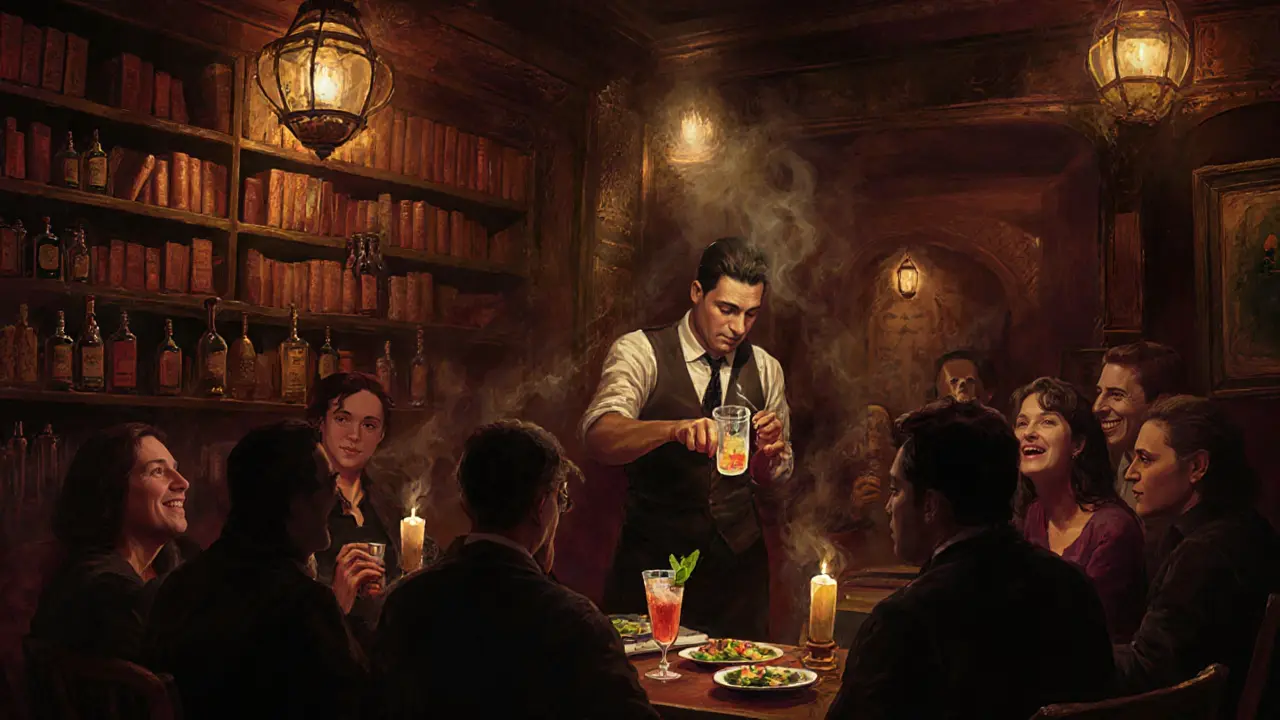 Intimate underground bar with vintage decor and patrons enjoying cocktails by candlelight.