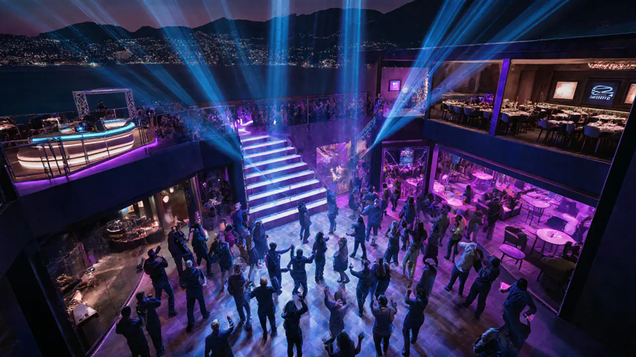 Jimmy’z Club interior at night with dancing crowd, LED lights, and rooftop terrace.