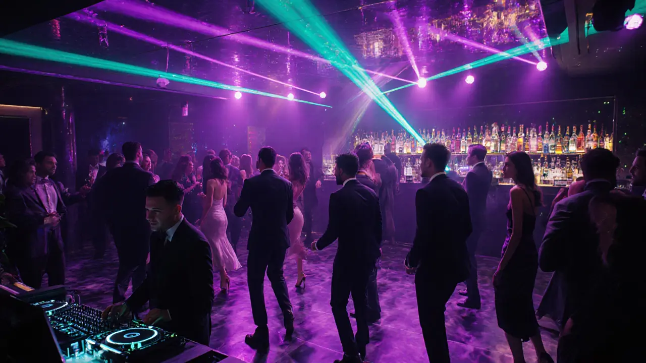 Jimmy’z Club interior with laser lights, DJ, and upscale crowd dancing.