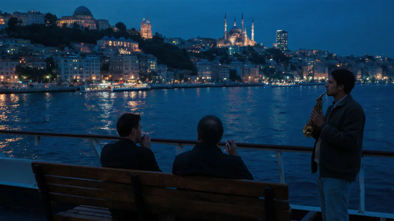 Late-night ferry crossing the Bosphorus with glowing city lights reflected on the water.