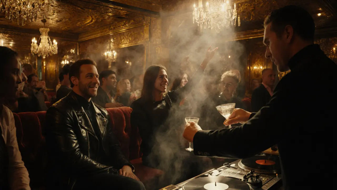 Luxurious velvet booth in Rockafella’s with stylish patrons and golden chandeliers, exuding exclusivity.