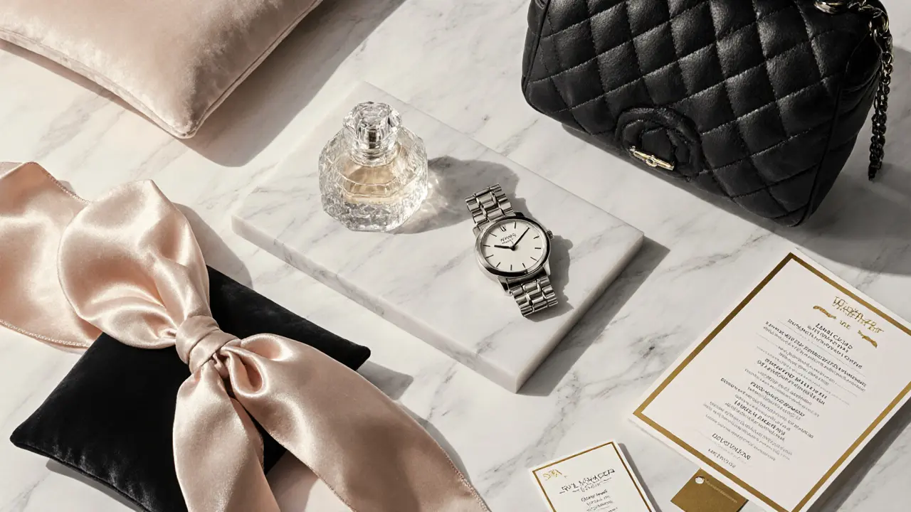 Luxury items including watch, handbag, perfume, scarf and spa voucher displayed on marble.