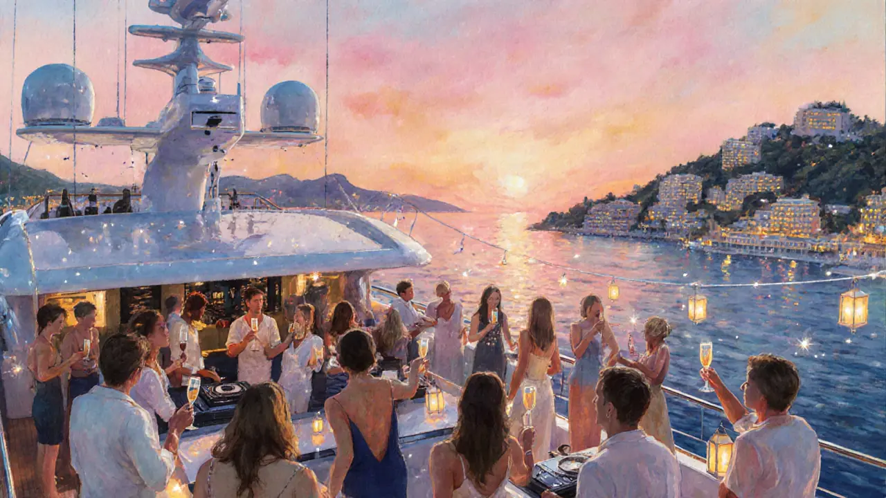 Luxury yacht party at Port Hercules at sunrise with guests and a DJ.