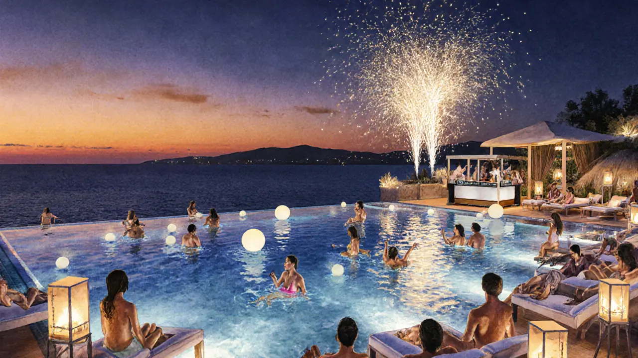 Metropole Beach Club night pool party with lanterns, fireworks, and chic swimmers.