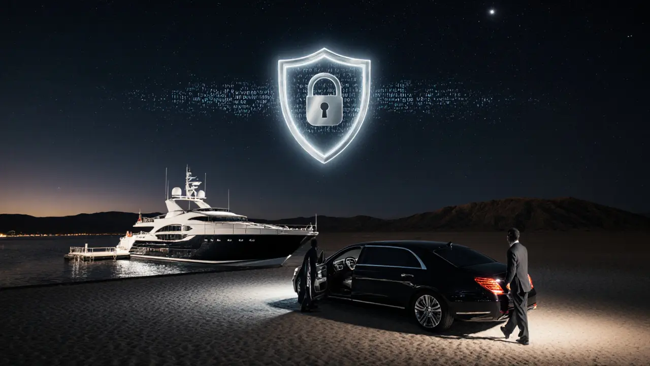 Night desert marina with yacht, limousine, and subtle safety shield motif.