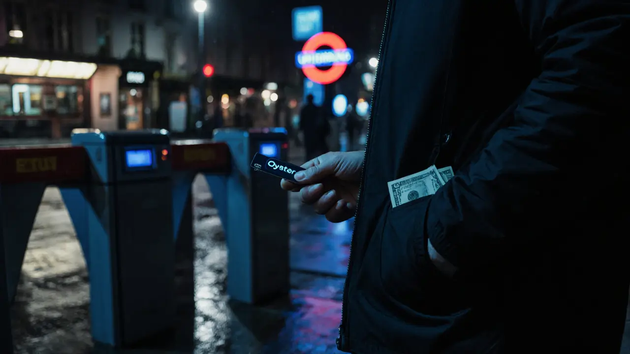 Nighttime London street showing a person entering the Night Tube with an Oyster card and cash.