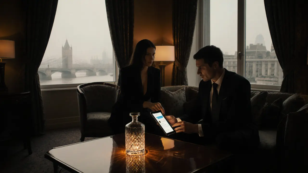 Opulent hotel suite with a tablet showing encrypted messages during a discreet ID exchange.