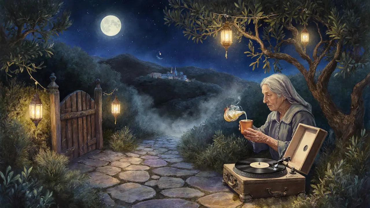 Secret garden bar at midnight with lanterns, an elderly woman pouring rakı under the moon.