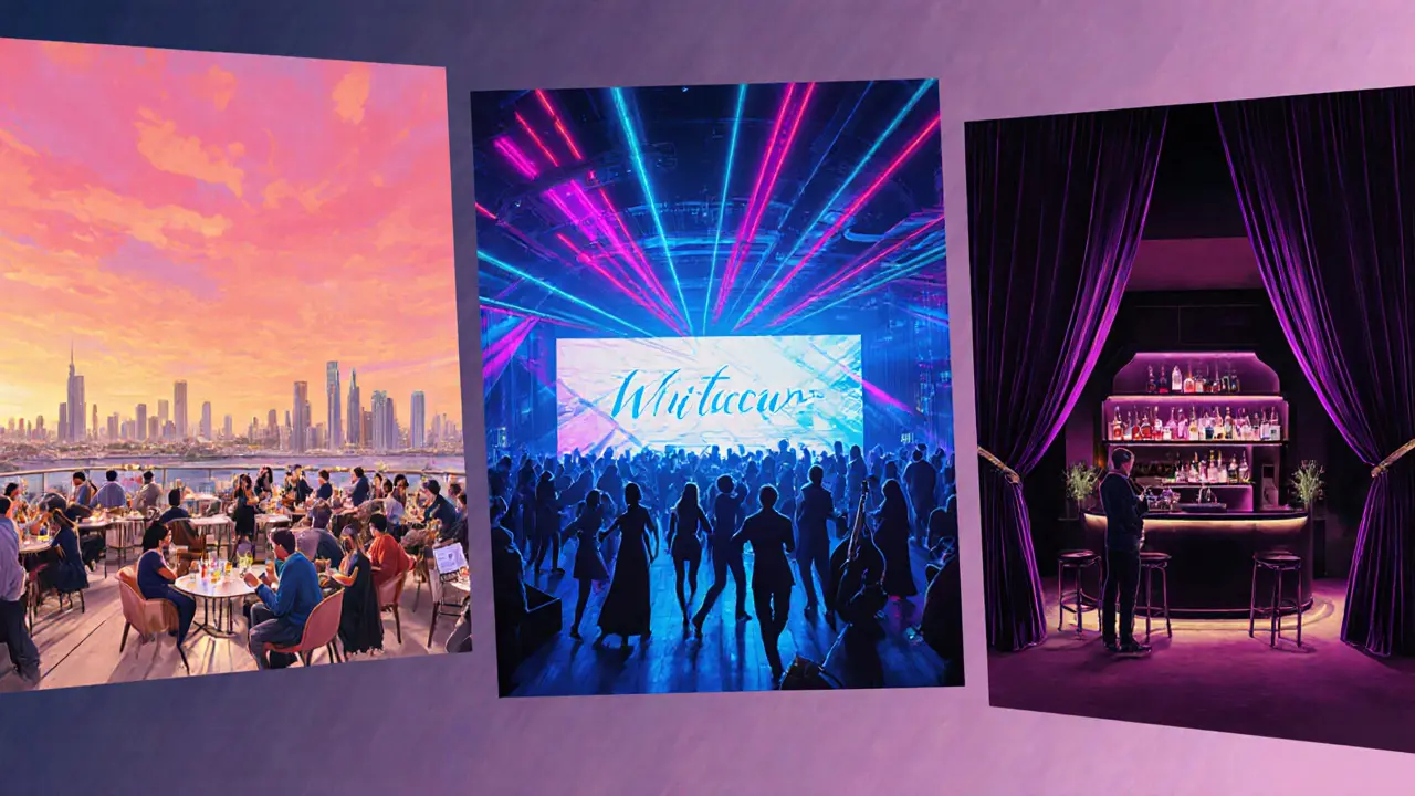 Stylish couple moving through three nightlife venues: rooftop lounge, high‑energy club, and intimate speakeasy.