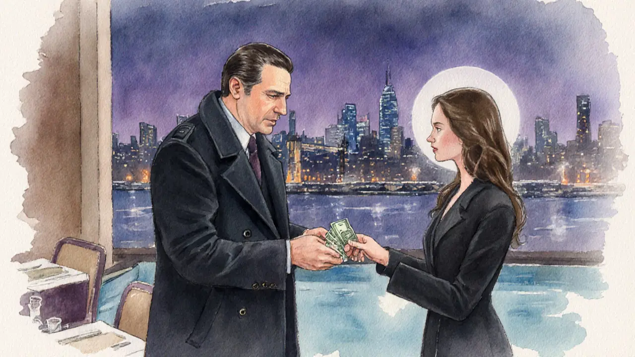 The gentleman hands cash and a tip to the escort after a polished dinner, with the London night skyline behind them.