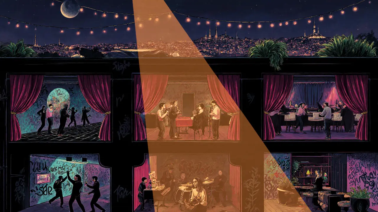 Three-level nightclub in Karaköy with live music, dancing, and rooftop views under string lights.