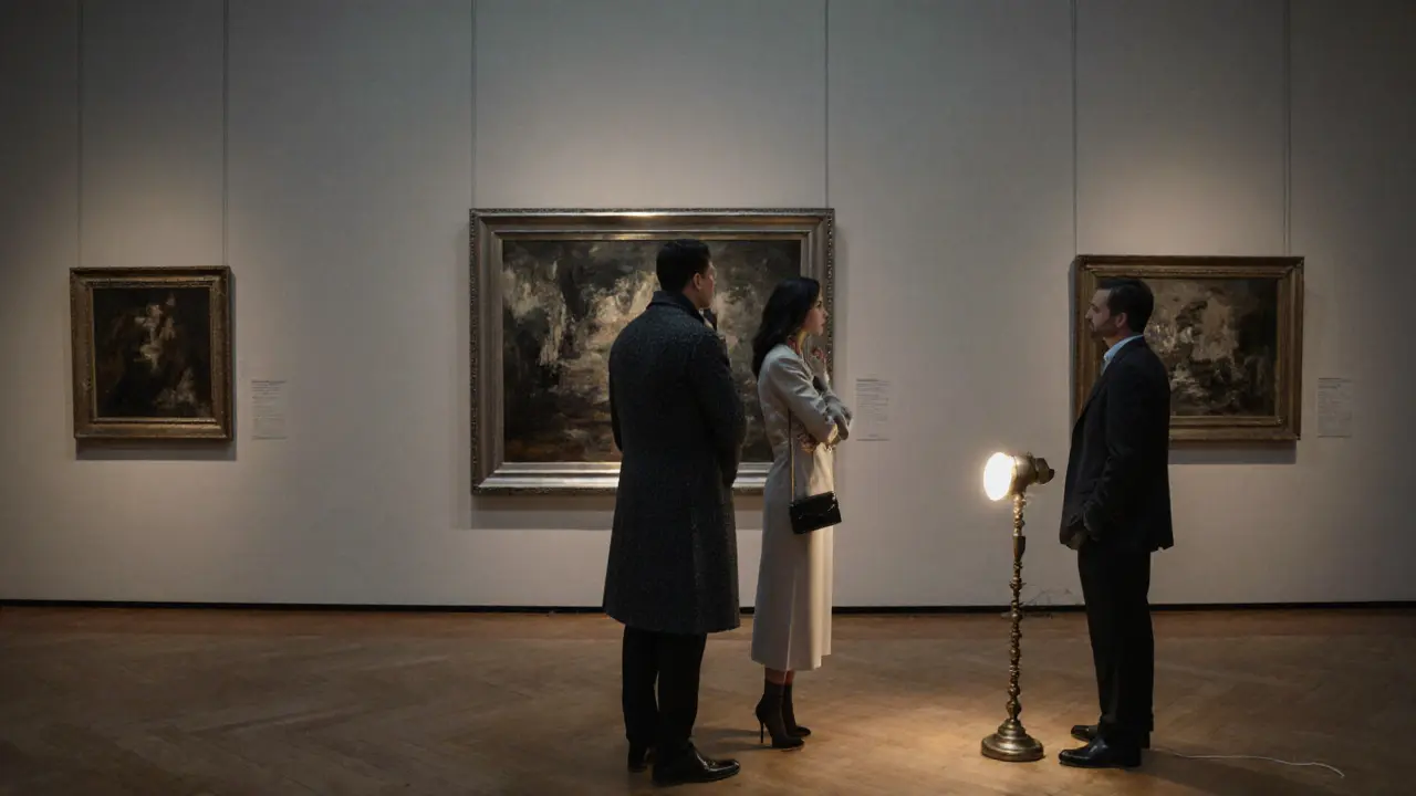 Two individuals contemplating art in a quiet Brera gallery, softly lit by recessed lighting, surrounded by abstract paintings.