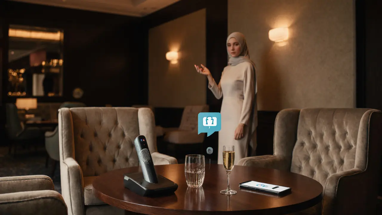 VIP lounge interior with biometric scanner, encrypted chat on phone, and elegant companion.