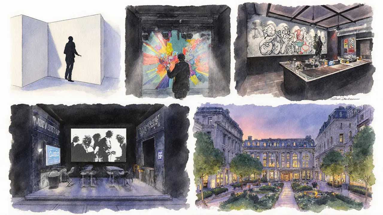Watercolor collage of five London art‑focused night venues with distinct atmospheres.